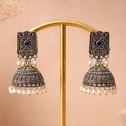 Square stud oxidized jhumka earrings with blue stone