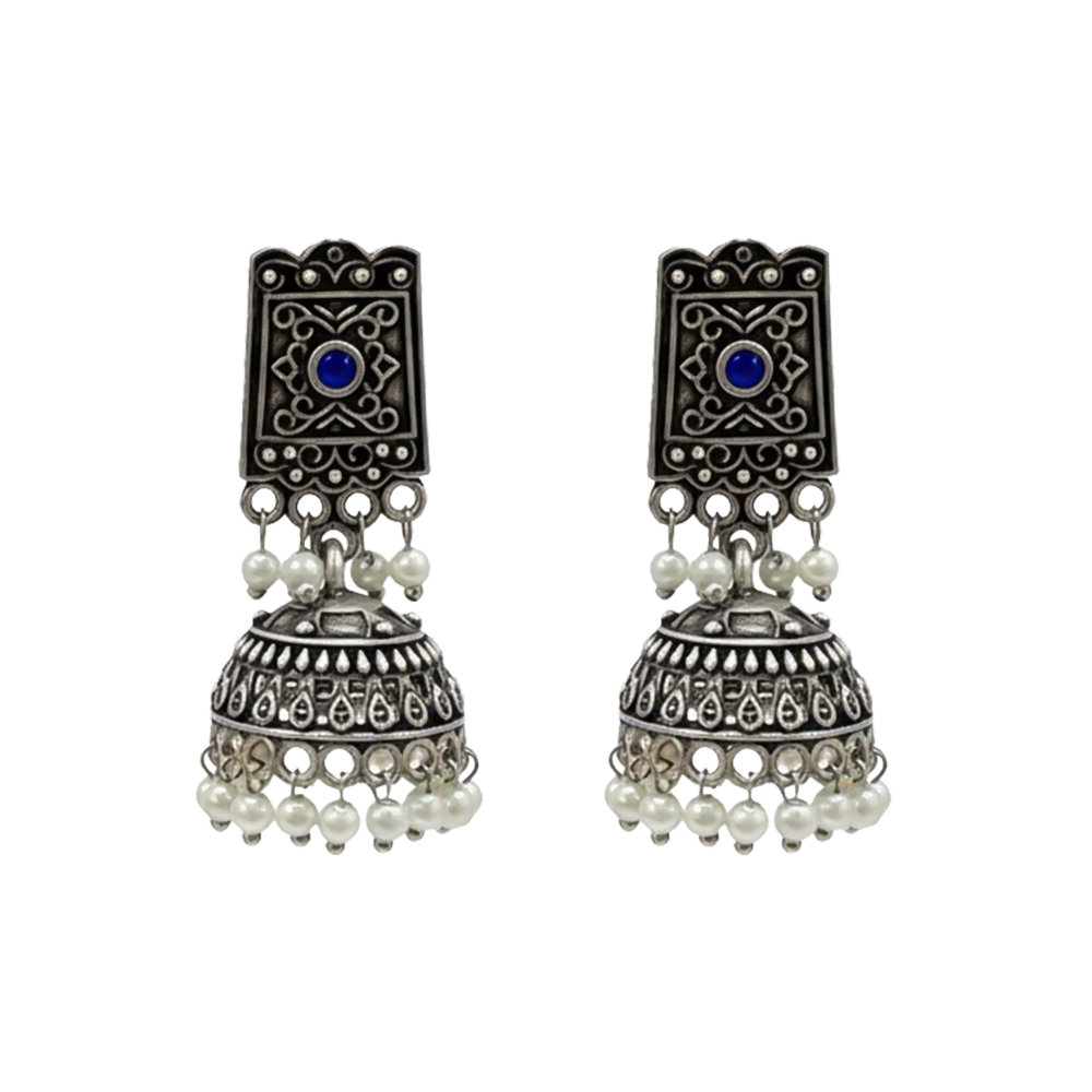 Square stud oxidized jhumka earrings with blue stone