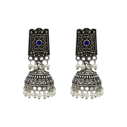 Square stud oxidized jhumka earrings with blue stone
