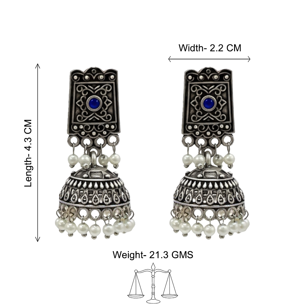 Square stud oxidized jhumka earrings with blue stone