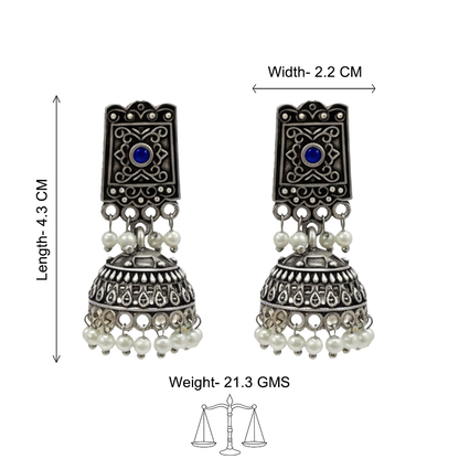 Square stud oxidized jhumka earrings with blue stone