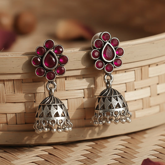 Oxidized Red Stone Floral Stud Jhumka Earrings