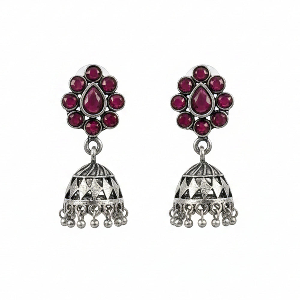 Oxidized Red Stone Floral Stud Jhumka Earring