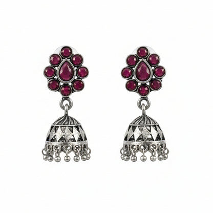 Oxidized Red Stone Floral Stud Jhumka Earring