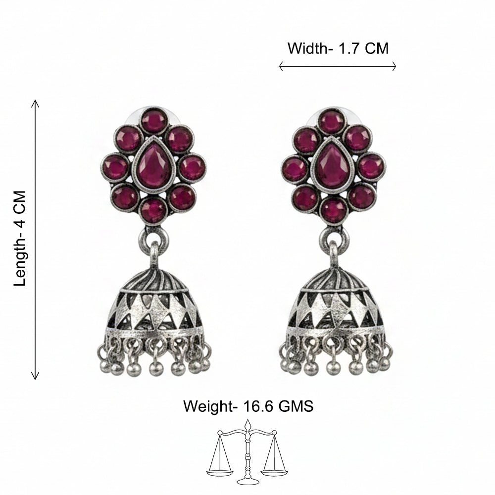 Oxidized Red Stone Floral Stud Jhumka Earring