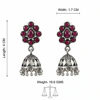 Oxidized Red Stone Floral Stud Jhumka Earring