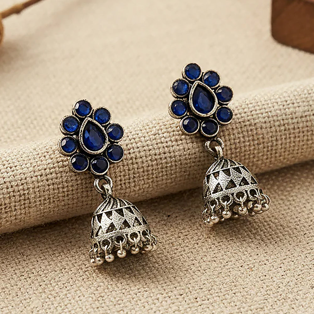 Oxidized Blue Stone Floral Stud Jhumka Earrings