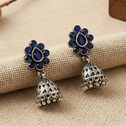 Oxidized Blue Stone Floral Stud Jhumka Earrings