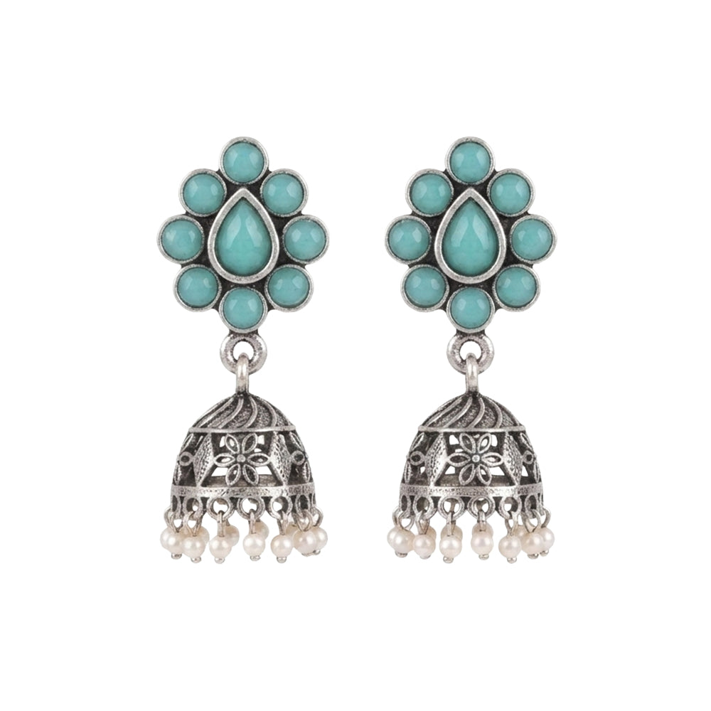 Oxidised Mint Stone Floral Stud Jhumka Earring