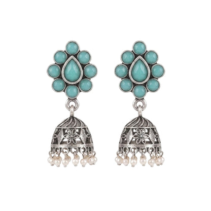 Oxidised Mint Stone Floral Stud Jhumka Earring