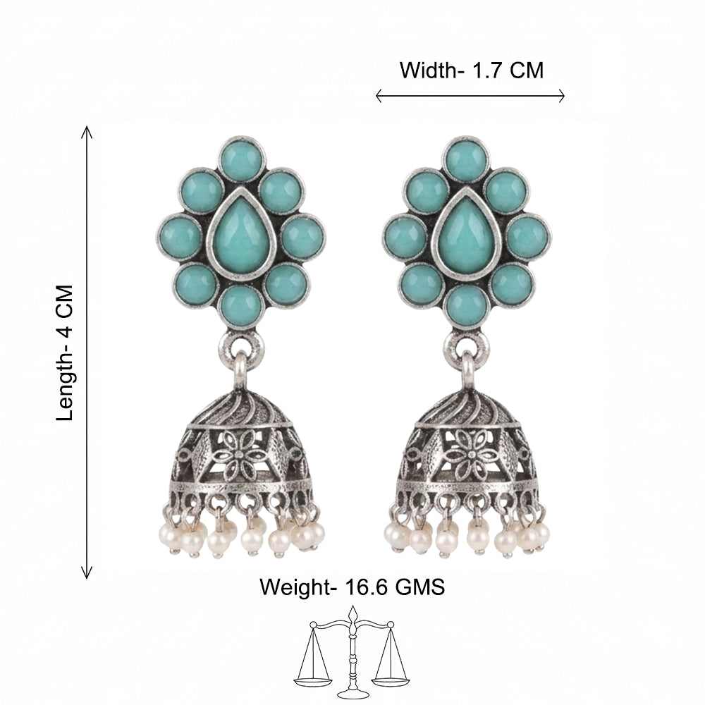 Oxidised Mint Stone Floral Stud Jhumka Earring