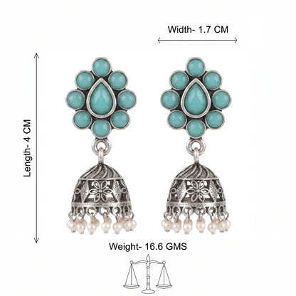 Oxidised Mint Stone Floral Stud Jhumka Earring
