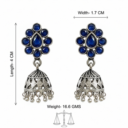 Oxidized Blue Stone Floral Stud Jhumka Earrings