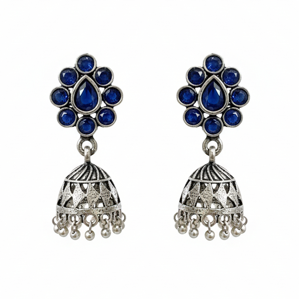 Oxidized Blue Stone Floral Stud Jhumka Earrings