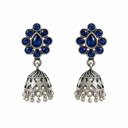 Oxidized Blue Stone Floral Stud Jhumka Earrings