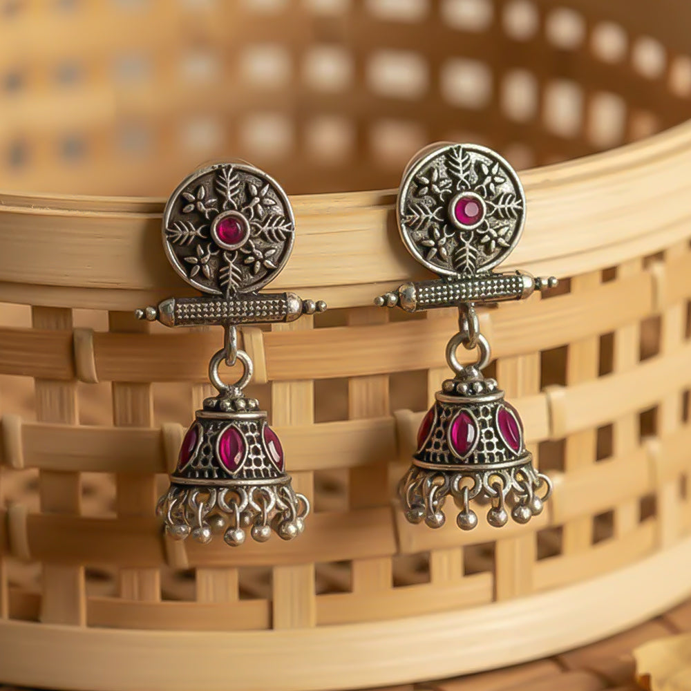 Oxidized antique floral jhumka earrings with Red stones