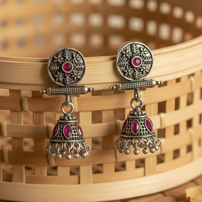 Oxidized antique floral jhumka earrings with Red stones