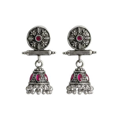 Oxidized antique floral jhumka earrings with Red stones