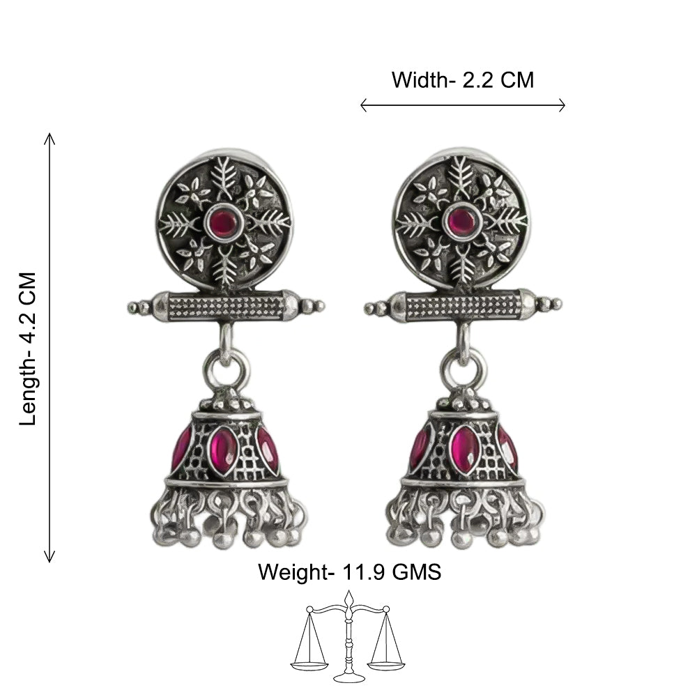 Oxidised antique floral jhumka earring with Red stones