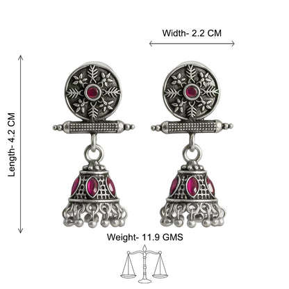 Oxidised antique floral jhumka earring with Red stones