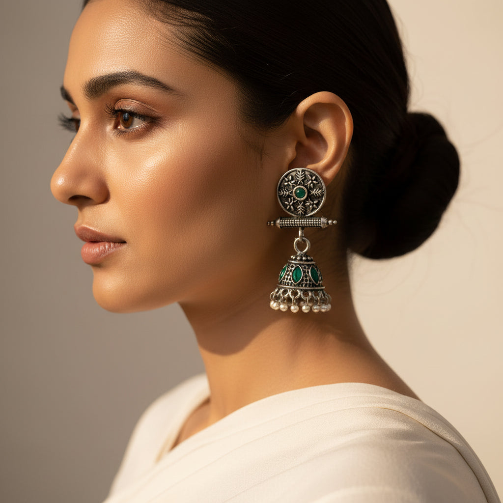 Oxidized antique floral jhumka earrings with Green stones
