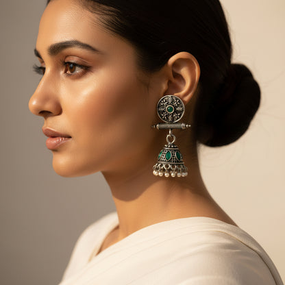 Oxidized antique floral jhumka earrings with Green stones