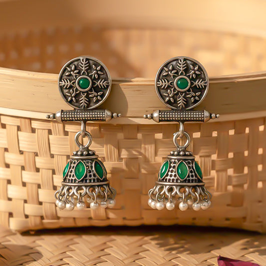 Oxidized antique floral jhumka earrings with Green stones