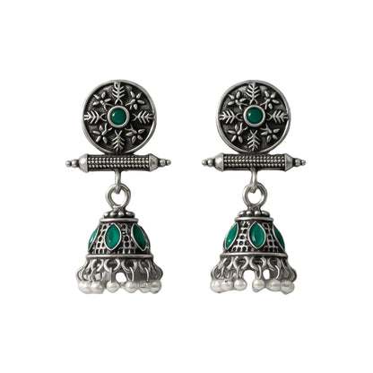 Oxidized antique floral jhumka earrings with Green stones