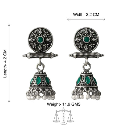 Oxidised antique floral jhumka earring with Green stones