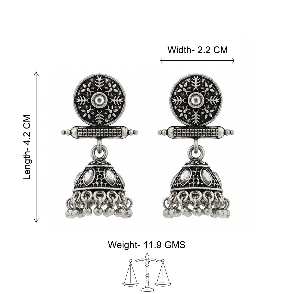 Oxidised antique floral jhumka earring with White stones