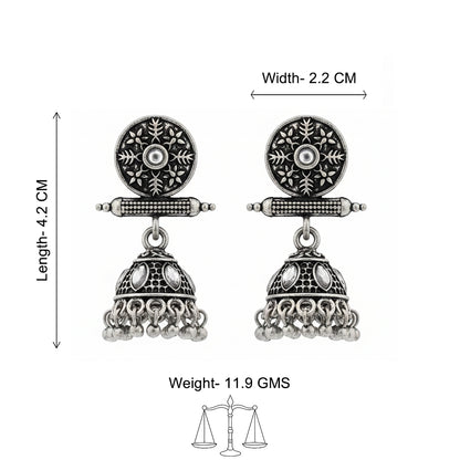 Oxidised antique floral jhumka earring with White stones