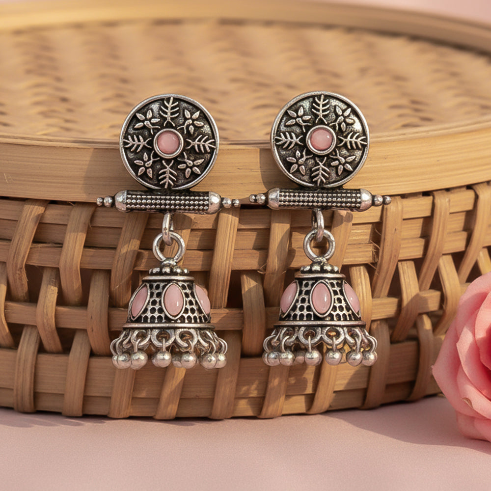 Oxidised antique floral jhumka earring with Baby Pink stones