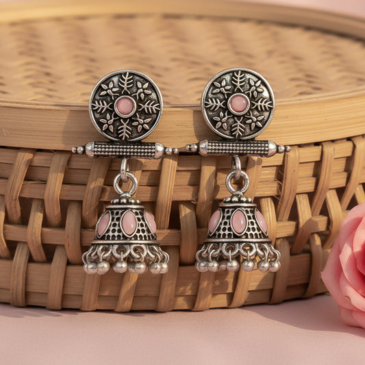 Oxidized antique floral jhumka earrings with Baby Pink stones
