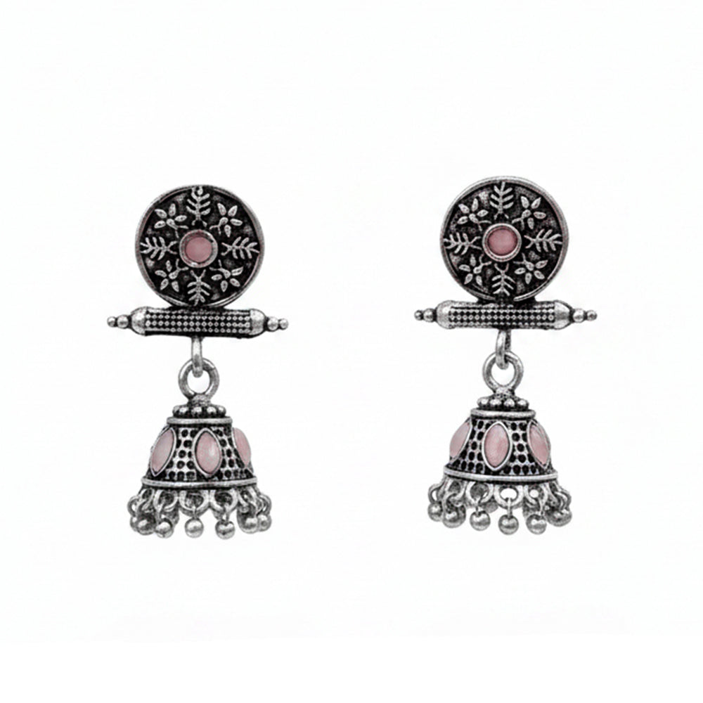 Oxidised antique floral jhumka earring with Baby Pink stones