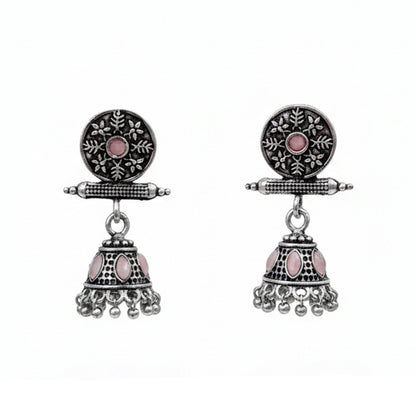 Oxidised antique floral jhumka earring with Baby Pink stones