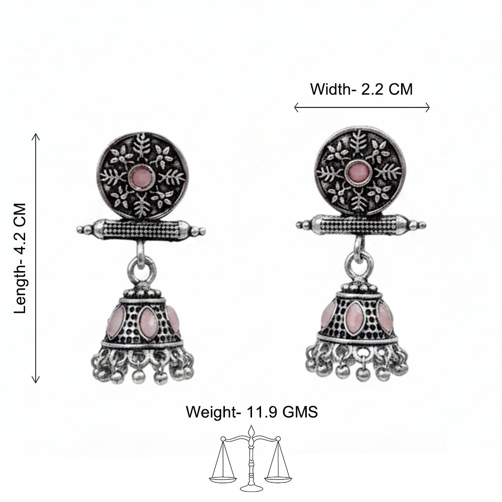 Oxidised antique floral jhumka earring with Baby Pink stones