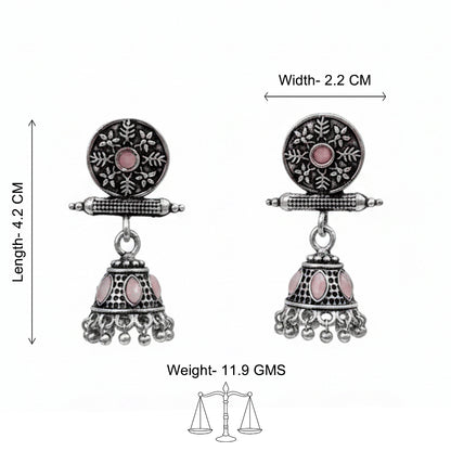 Oxidised antique floral jhumka earring with Baby Pink stones