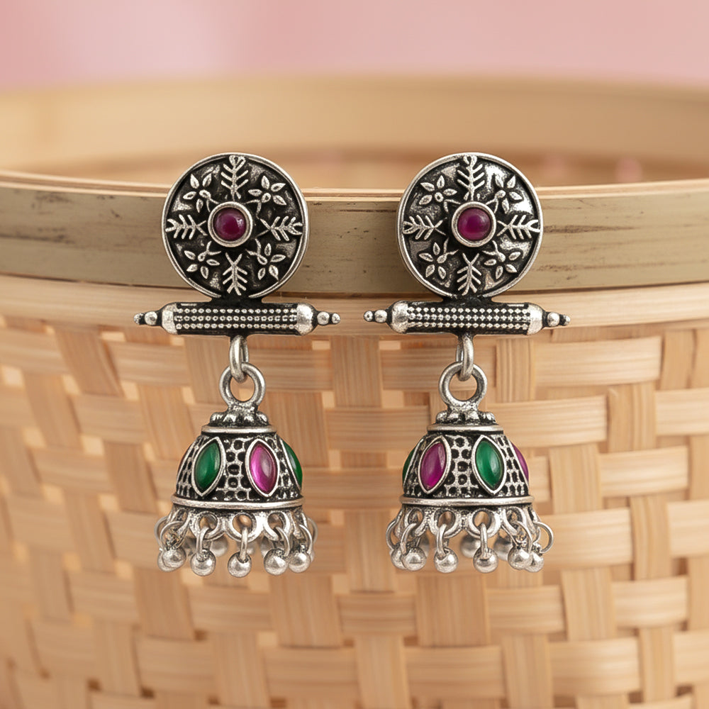 Oxidized antique floral jhumka earrings with multicolor stones