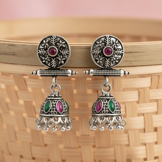 Oxidized antique floral jhumka earrings with multicolor stones