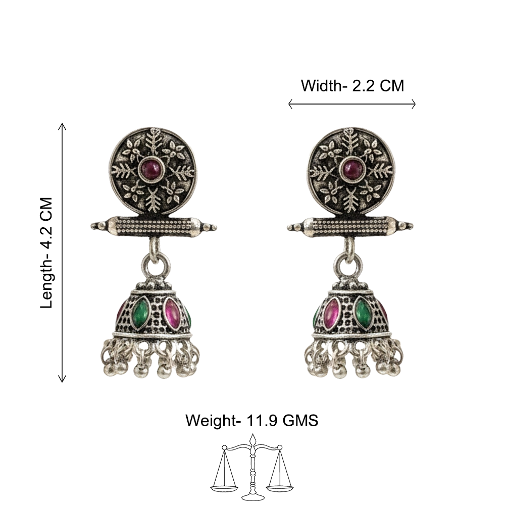 Oxidized antique floral jhumka earrings with multicolor stones