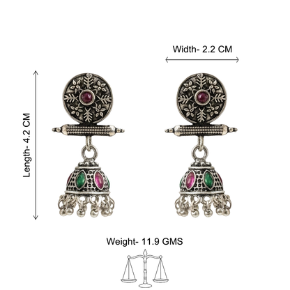 Oxidized antique floral jhumka earrings with multicolor stones