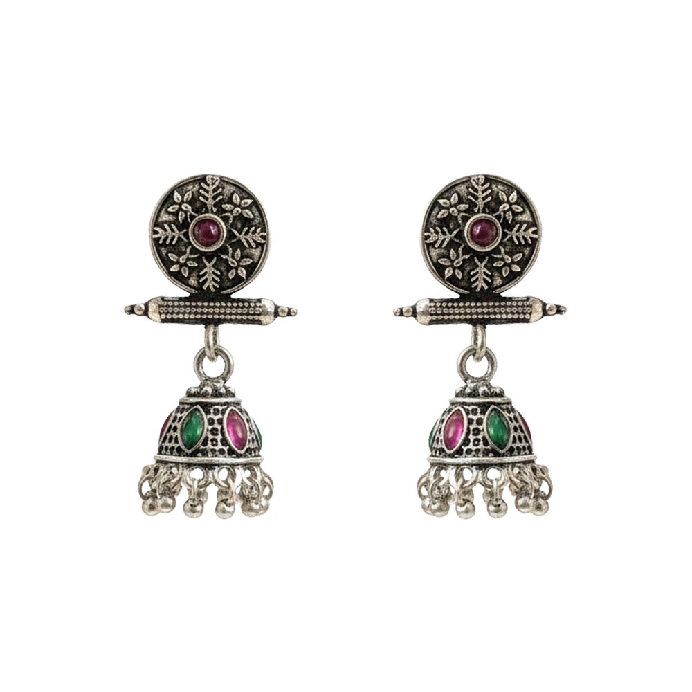 Oxidized antique floral jhumka earrings with multicolor stones