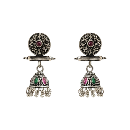 Oxidized antique floral jhumka earrings with multicolor stones