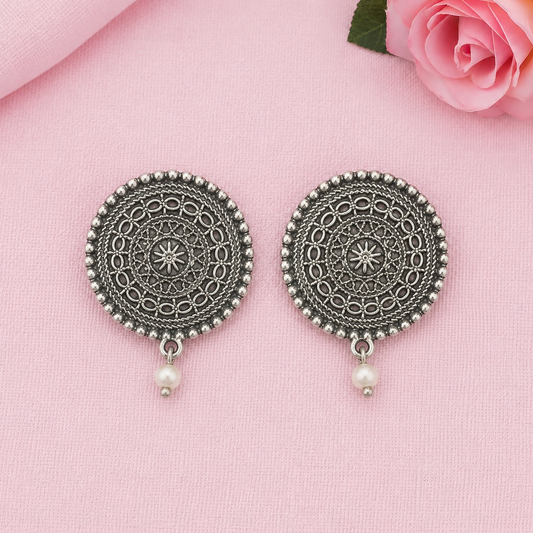 Round Oxidized Pearl Drop Earrings