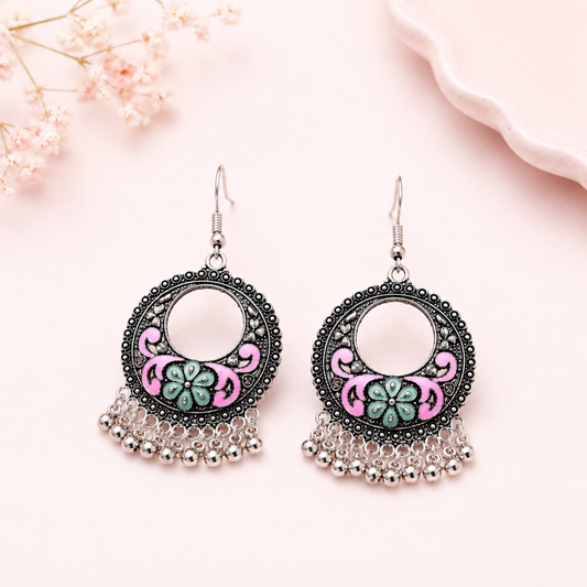 Pink Green Floral Meenakari Round Earrings