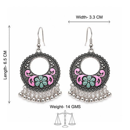 Pink Green Floral Meenakari Round Earrings