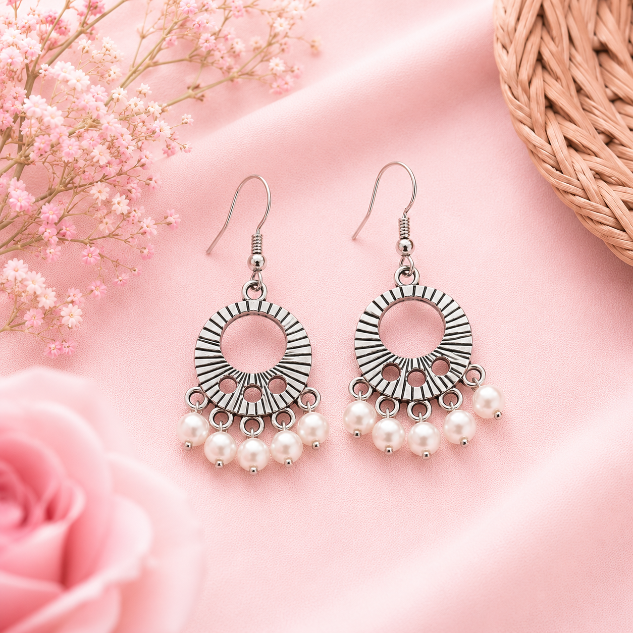 Silver Pearl Charm Earrings