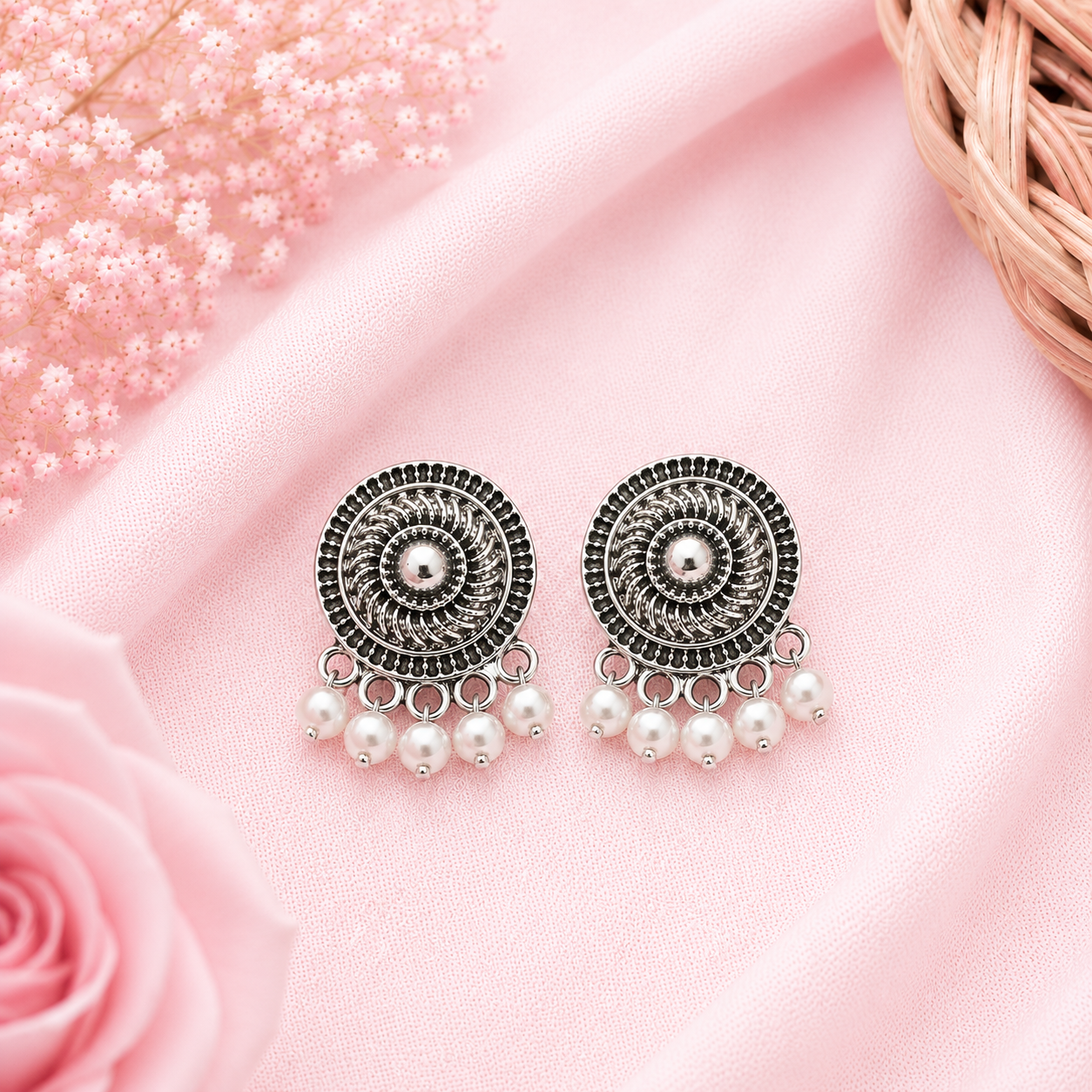 Antique Silver Round Pearl Drop Earrings