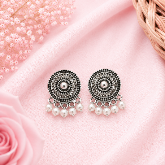 Antique Silver Round Pearl Drop Earrings