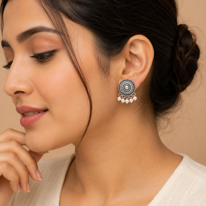 Antique Silver Round Pearl Drop Earrings